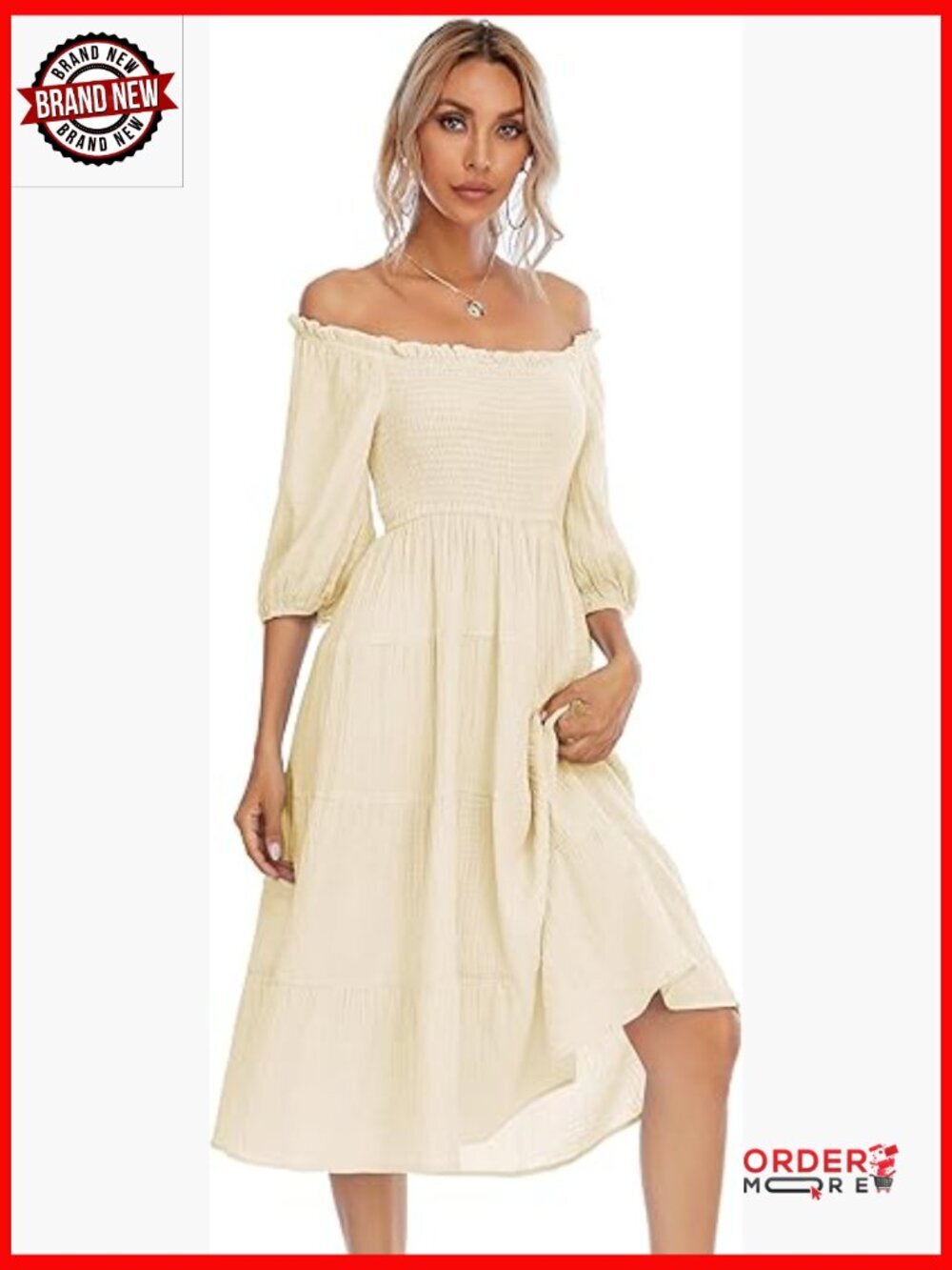 Off Shoulder Ruffled Puff Sleeve Midi Dress Summer Cotton A-Line